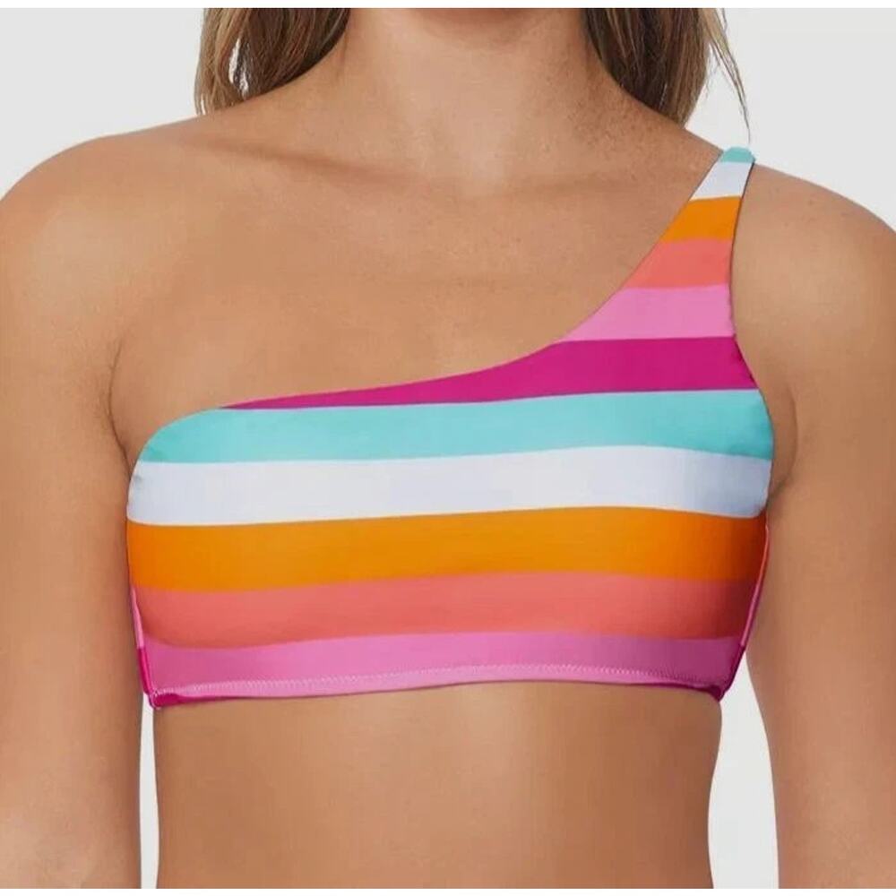 Raisins Women's Juniors' Pink Shine On Striped Asymmetric Top Swimwear Sz M NWT